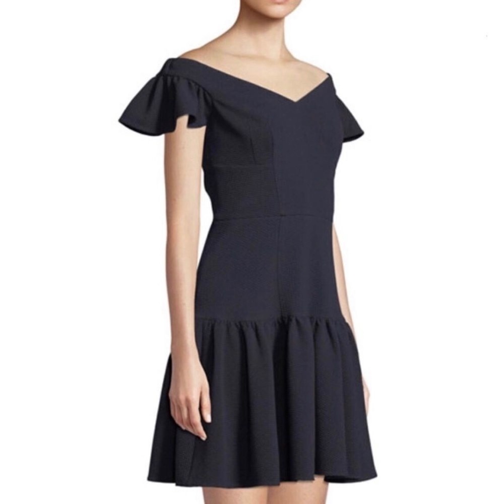 Rebecca Taylor Navy Blue Off The Shoulder Ruffle Textured Dress Size 4‎